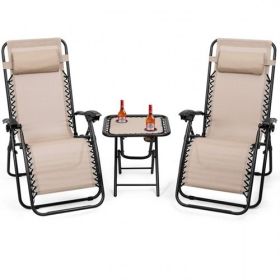 3 Piece Folding Portable Reclining Lounge Chairs Table Set Tan