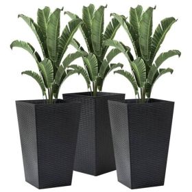 Set of 3 - Black Faux Rattan Plastic Tall Large Flower Pots