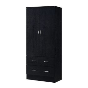 Black 2 Door Wardrobe Armoire with 2 Drawers and Hanging Rod Storage