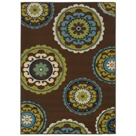 7'10 x 10'10 Outdoor/Indoor Area Rug in Brown Teal, Green Yellow Circles