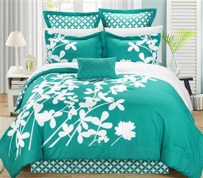 King size Turquoise 7-Piece Floral Bed in a Bag Comforter Set