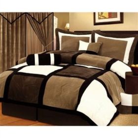 Queen size 7-Piece Patchwork Comforter set in Brown White Black