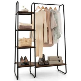 Industrial Wood Metal Garment Rack Clothes Hanging Bar with Storage Shelves