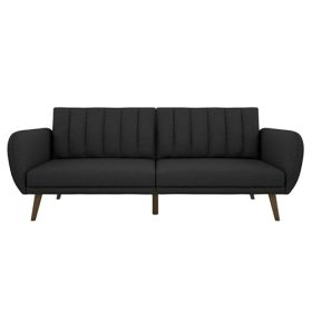 Dark Grey Linen Futon Sofa Bed with Modern Mid-Century Style Wooden Legs