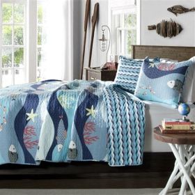 Full / Queen Blue Serenity Sea Fish Coral Coverlet Quilt Bedspread Set