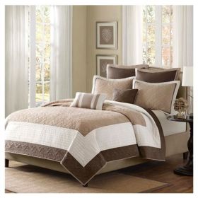 Full / Queen Brown Ivory Tan Cream 7 Piece Quilt Coverlet Bedspread Set