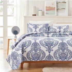 Full/Queen Size Soft Microfiber Reversible Blue/White Baroque Design Quilt Set