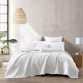 Full Queen White Farmhouse Microfiber Diamond Quilted Bedspread Set Frayed Edges