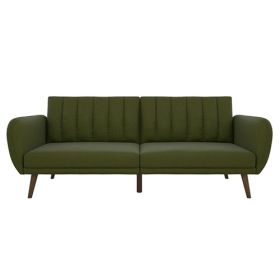 Green Linen Upholstered Futon Sofa Bed with Mid-Century Style Wooden Legs