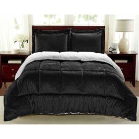 Queen Size 3 Piece Ultra Soft Sherpa Wrinkle Resistant Comforter Set in Black