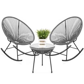 3 Piece Grey Oval Patio Woven Rocking Chair Bistro Set