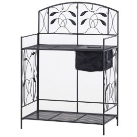 Black Metal Potting Bench with Wrought Iron Vine Accents and Fabric Potting Sink