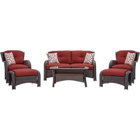 Brown Resin Wicker 6-Piece Patio Furniture Lounge Set with Red Seat Cushions