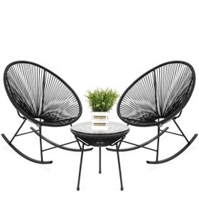 3 Piece Black Oval Patio Woven Rocking Chair Bistro Set