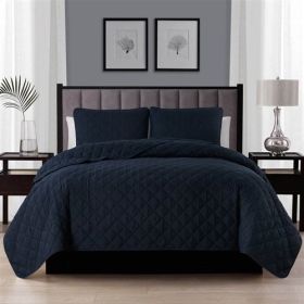 King size 3-Piece Navy Blue Polyester Microfiber Reversible Diamond Quilt Set