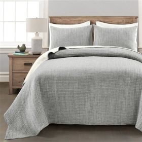 Full/Queen Size 3-Piece Reversible Cotton Yarn Woven Quilt Set in Grey Cream