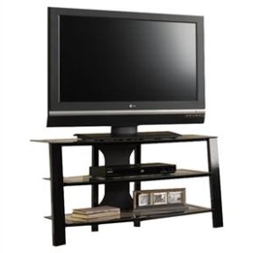 Contemporary 40-inch Black Metal TV Stand with Clear Glass Shelves