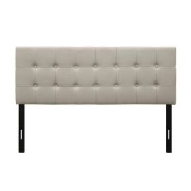 Queen Button-Tufted Headboard in Light Grey Beige Taupe Upholstered Fabric