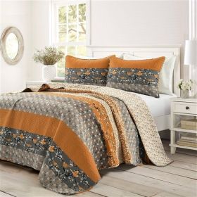 King Size Orange Grey Floral Birds Reversible 3 Piece Quilt Set