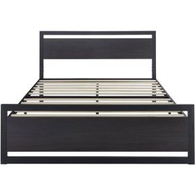 Full Black Metal Platform Bed Frame with Wood Panel Headboard and Footboard