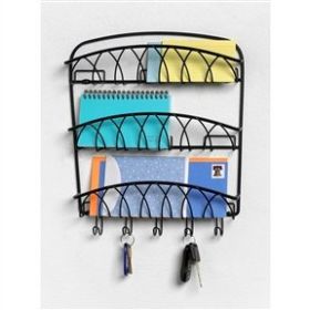 3-Tier Letter Holder Organizer with Key Hooks in Black Metal Finish