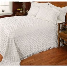 Full size Diamond Pattern Cotton Chenille Bedspread in White