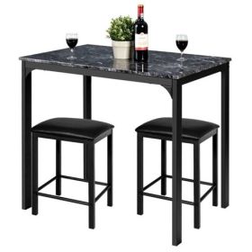 Modern 3-Piece Dining Set Black Faux Marble Table-Top and 2 Black Chairs Stools