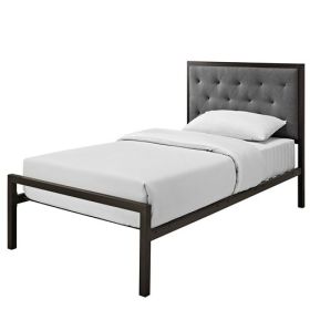 Twin Metal Platform Bed with Gray Fabric Button Tufted Upholstered Headboard