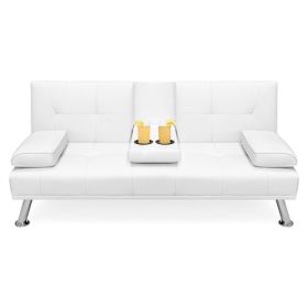 White Faux Leather Convertible Sofa Futon with 2 Cup Holders