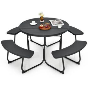 Black Outdoor Metal and HDPE Picnic Table Bench Set with Umbrella Hole - Seats 8