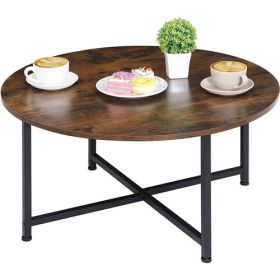 Modern Round Industrial Coffee Table with Rustic Brown Wood Top