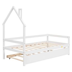 Twin Wooden Daybed with trundle, Twin House-Shaped Headboard bed with Guardrails,White