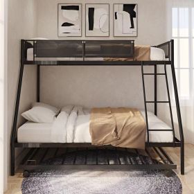 Twin over Full Metal Bunk Bed with Trundle/ Sturdy Metal Bed Frame/ Noise-Free Wood Slats/ Comfortable Textilene Guardrail/ Space-saving Trundle/ Bunk