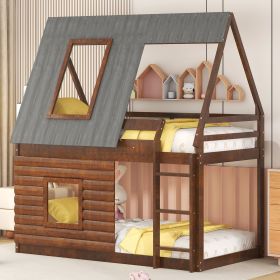 Wood Twin Size House Bunk Bed with Roof, Ladder and 2 Windows