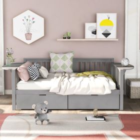 Full size Daybed with Two Drawers; Wood Slat Support; Gray