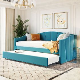 Upholstered Daybed Sofa Bed Twin Size With Trundle Bed and Wood Slat ; Blue