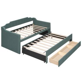 Twin Size Upholstered Daybed with Trundle and Three Drawers; Green