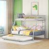 Twin over Full Bed with Sturdy Steel Frame, Bunk Bed with Twin Size Trundle, Two-Side Ladders, Silver