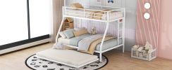 Twin over Full Bed with Sturdy Steel Frame, Bunk Bed with Twin Size Trundle, Two-Side Ladders, White