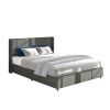 Anna Queen Size Gray Linen Upholstered Wingback Platform Bed with Patented 4 Drawers Storage, Modern Design Headboard with Tight Channel, Wooden Slat