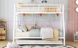 Twin over Full Bed with Sturdy Steel Frame, Bunk Bed with Twin Size Trundle, Two-Side Ladders, White