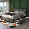 Anna Queen Size Gray Linen Upholstered Wingback Platform Bed with Patented 4 Drawers Storage, Modern Design Headboard with Tight Channel, Wooden Slat