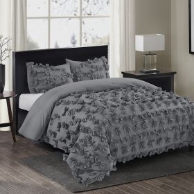 3 Piece Gray Burrterfly Flower Applique Collection Comforter Set (Color: Gray, size: King)