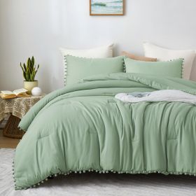 Boho Comforter Set, Boho Bedding set with Pom Poms Fringe Design, 1 Aesthetic Comforter and 2 Pillowshams (Color: Sage Green, size: King)