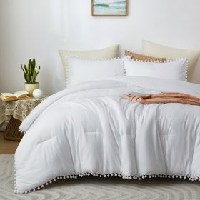 Boho Comforter Set, Boho Bedding set with Pom Poms Fringe Design, 1 Aesthetic Comforter and 2 Pillowshams (Color: White, size: QUEEN)