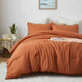 Boho Comforter Set, Boho Bedding set with Pom Poms Fringe Design, 1 Aesthetic Comforter and 2 Pillowshams (Color: Burnt Orange, size: Full)