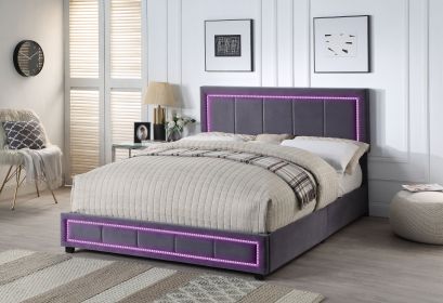 Upholstered Queen Size Platform Bed with LED Lights, Storage Bed with 4 Drawers, Gray color fabric (Color: as Pic)